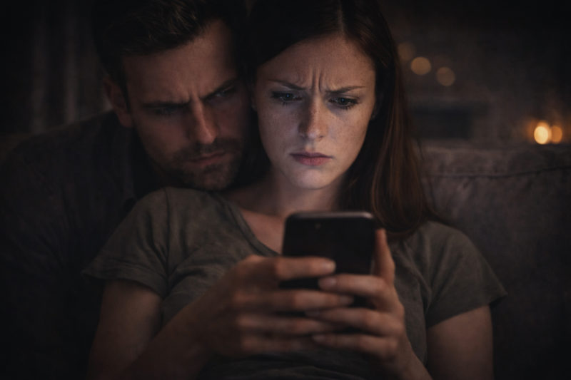 Femme inquiète regardant son téléphone, homme derrière elle, scène de suspicion et doute dans le couple