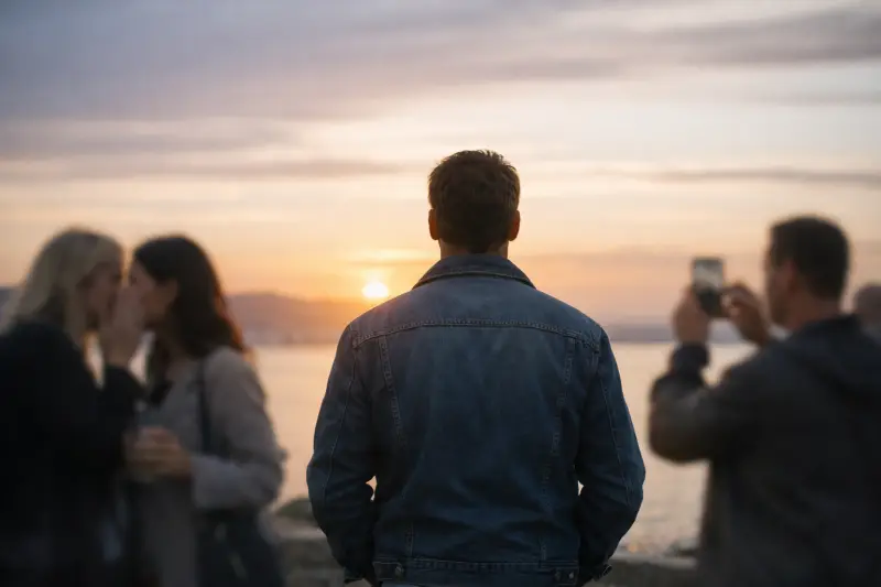 Homme de dos face au coucher de soleil, indifférent aux rumeurs et au regard des autres