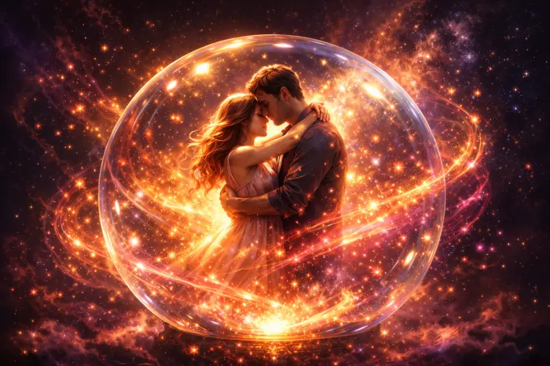 Couple enlacé dans une boule de cristal lumineuse, énergie spirituelle