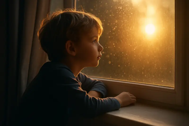 Enfant pensif regardant la lumière du soleil, illustration des premiers signes d’un don de voyance ou d’une sensibilité médiumnique.