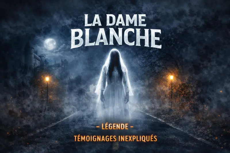 La Dame Blanche – apparition fantôme sur une route la nuit, légende paranormale mystérieuse.