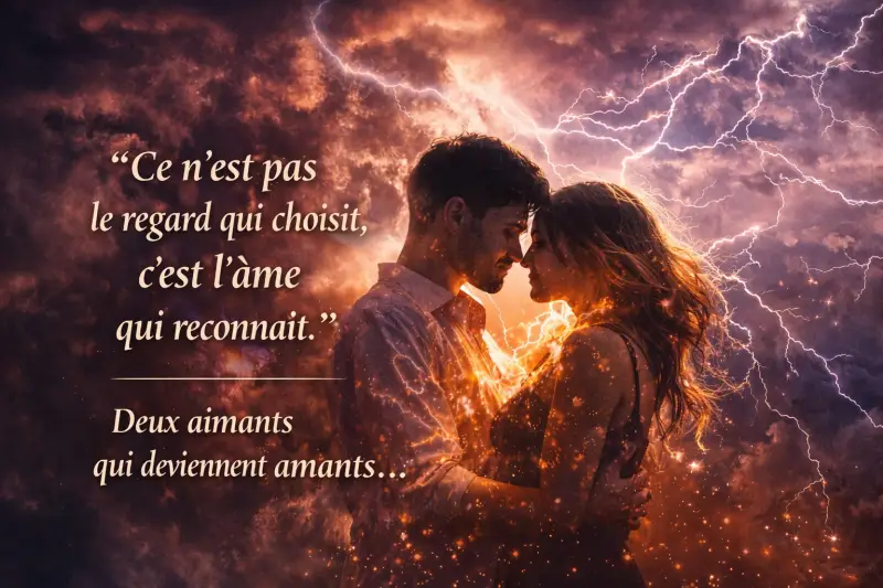 "Coup de foudre amoureux entre deux âmes reliées par une énergie intense"