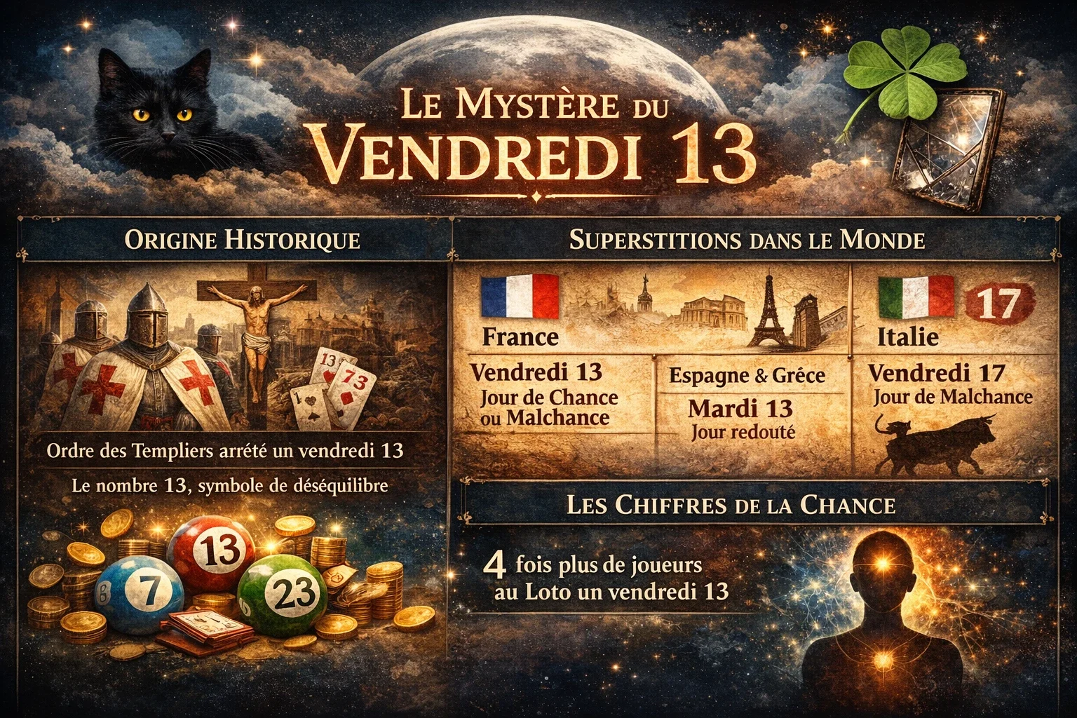 Vendredi 13 signification et superstition : origine historique, chance, croyances dans le monde et intuition spirituelle.