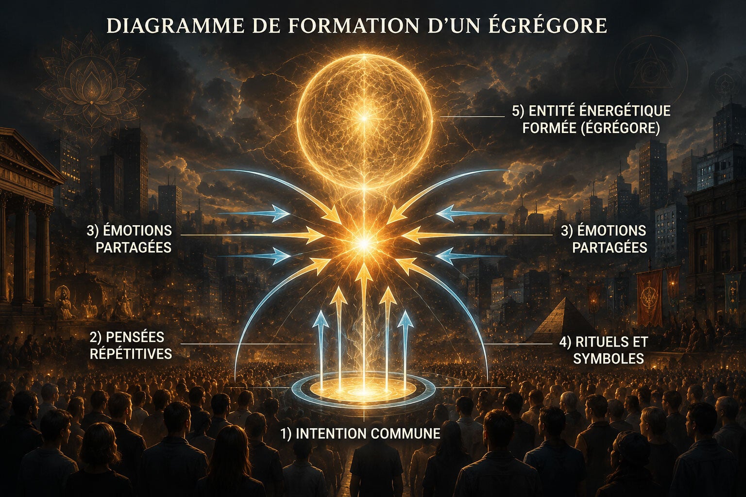 Schéma illustrant la formation d'un égrégore à partir d'une intention commune, de pensées répétitives, d'émotions partagées et de symboles collectifs.