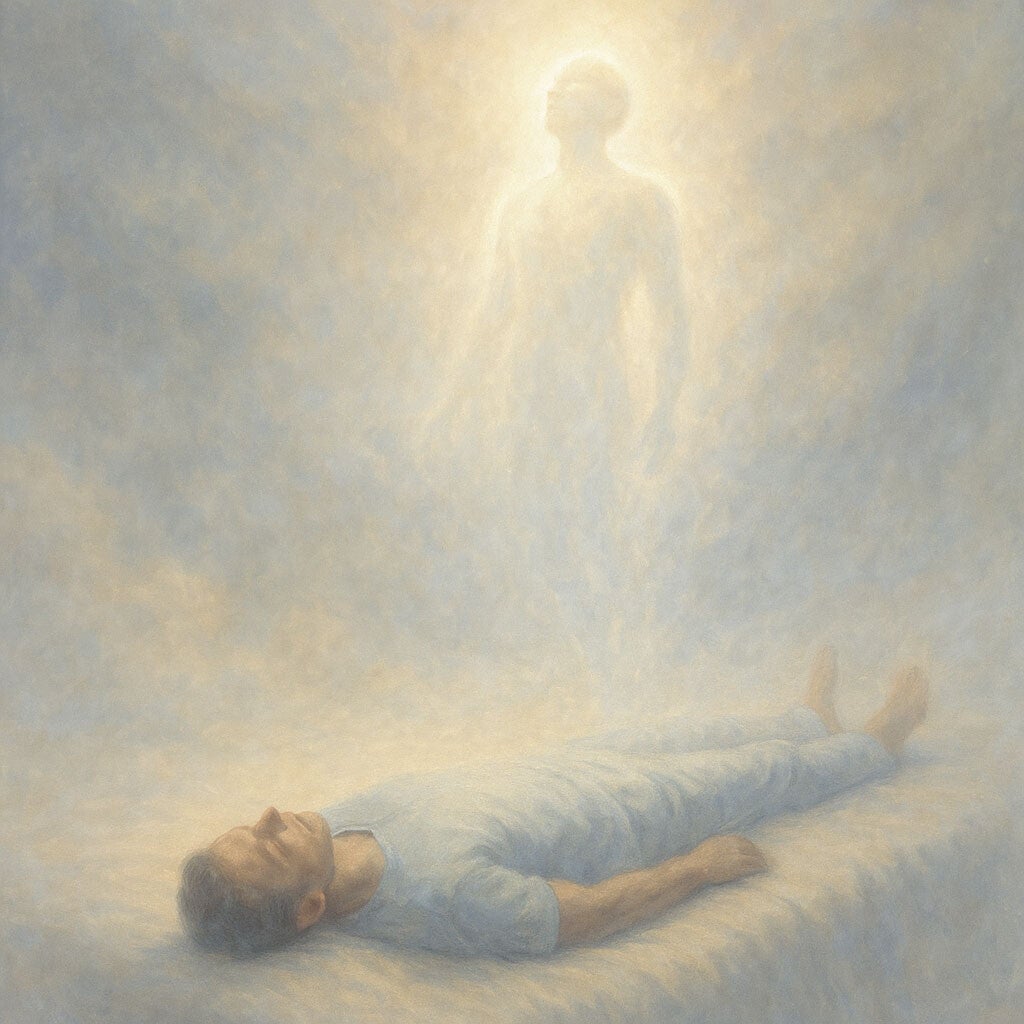 Représentation symbolique d’une sortie du corps, une forme éthérée se détachant d’un corps allongé dans une lumière douce et dorée.