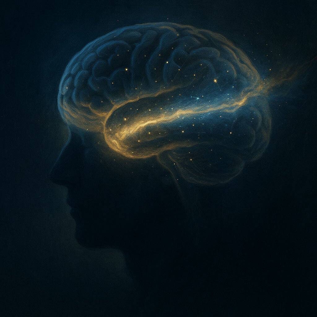 Cerveau humain réaliste traversé par un flux de lumière dorée et bleue représentant l’énergie de la conscience au-delà du corps.