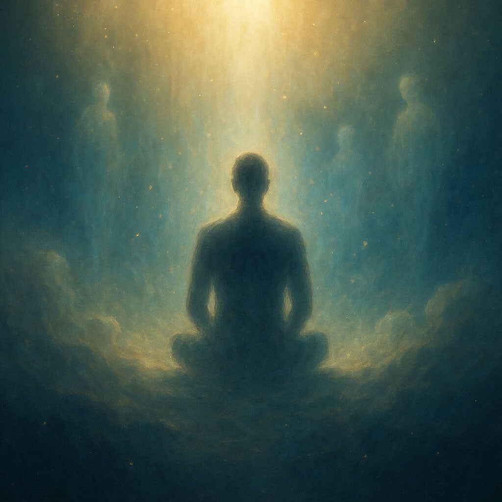 Silhouette méditative baignée de lumière dorée et azurée, symbolisant la connexion médiumnique entre les plans terrestres et spirituels.