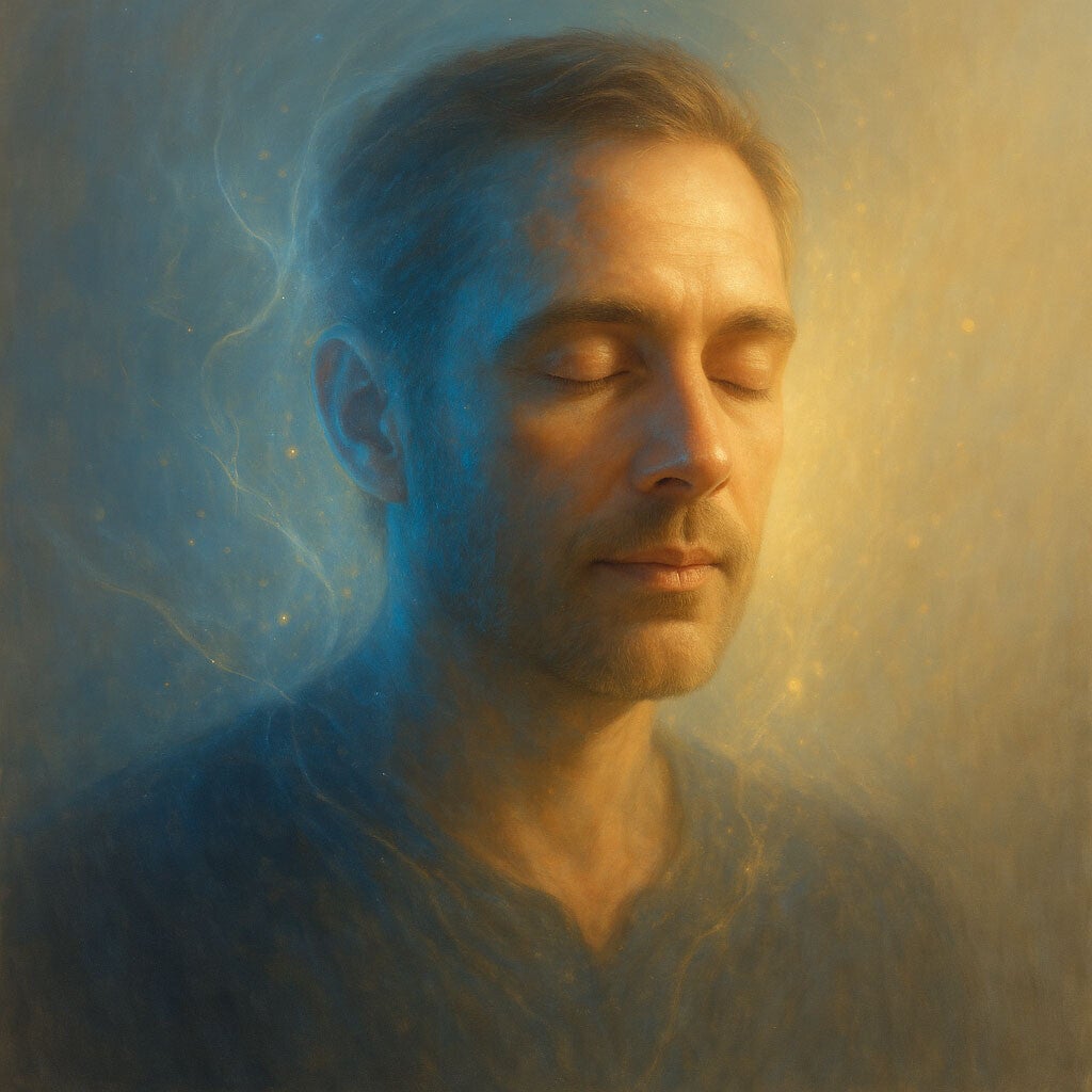 Portrait symbolique d’un médium apaisé entouré d’une aura bleue et dorée, évoquant l’ouverture des canaux de perception spirituelle.