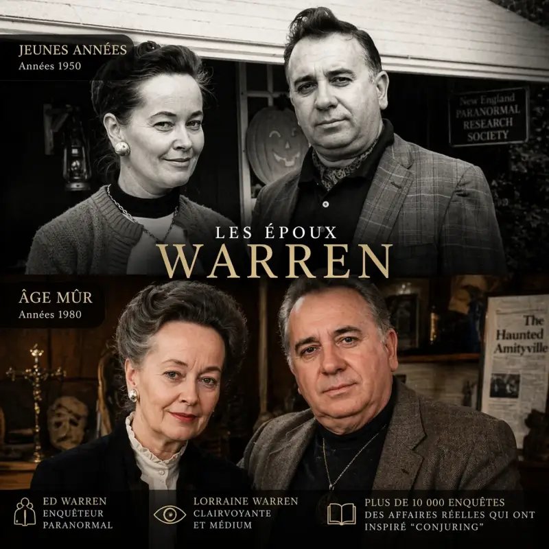 "Ed et Lorraine Warren jeunes et âgés enquêteurs paranormal célèbres"