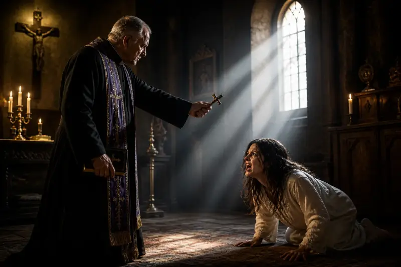 prêtre réalisant un exorcisme dans une église face à une personne en état de possession