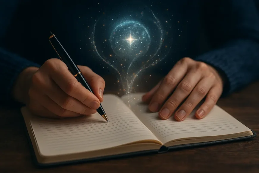 Mains écrivant dans un carnet, symbole d’intuition, de pressentiment et de voyance pure