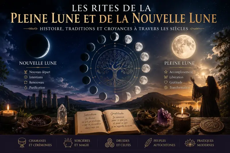 Illustration des rites de la Pleine Lune et de la Nouvelle Lune avec les phases lunaires et des rituels ancestraux.
