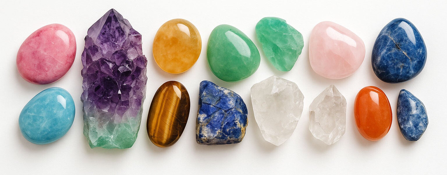 Une collection harmonieuse de pierres utilisées en lithothérapie : cristaux transparents, pierres polies colorées, minéraux bruts.