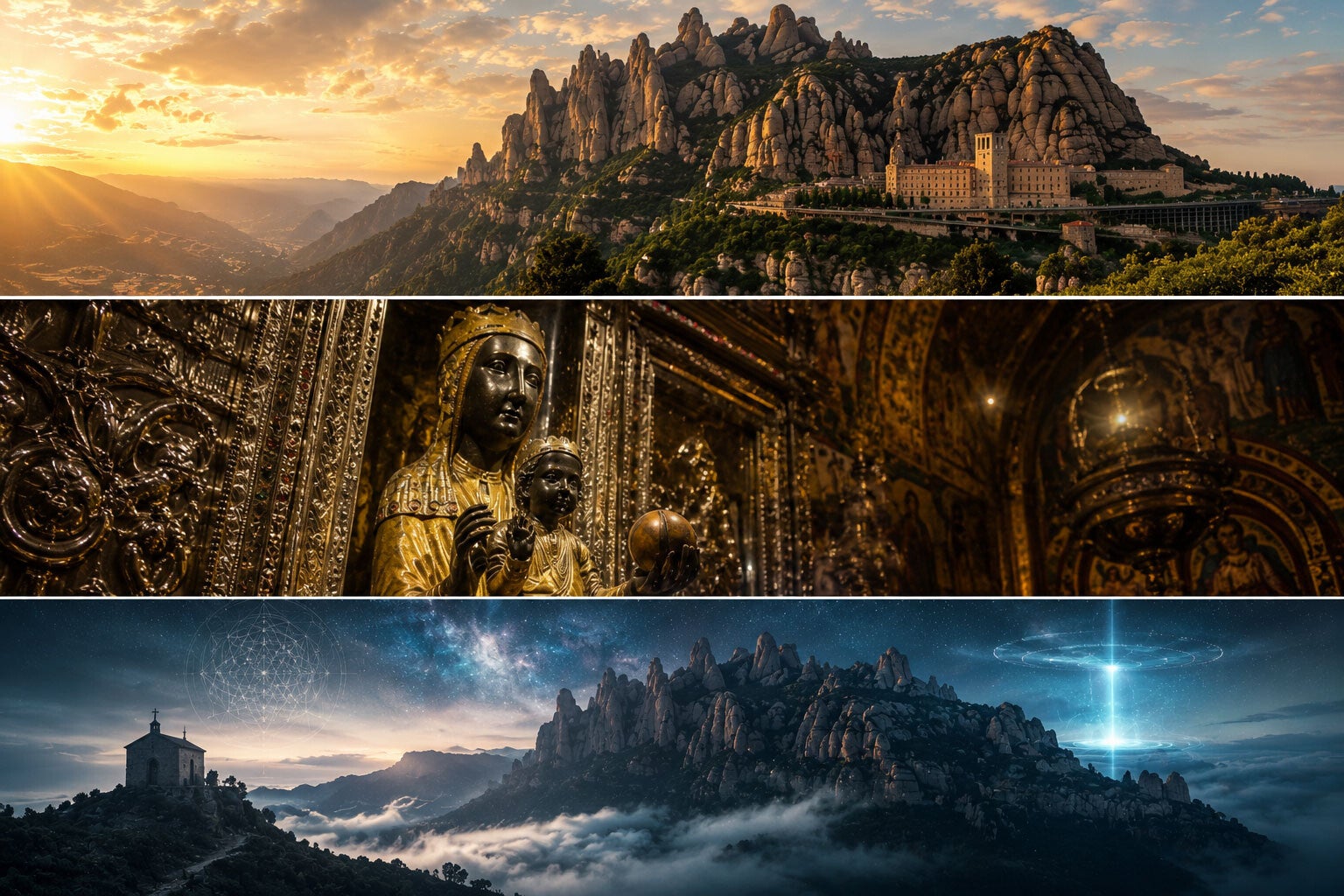 Montage illustrant le massif de Montserrat, la Vierge noire La Moreneta et les mystères spirituels de cette montagne emblématique de Catalogne.