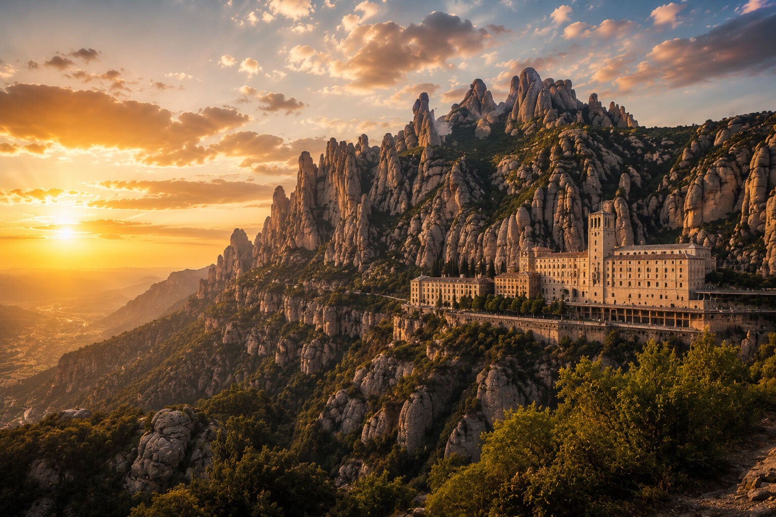 Vue panoramique du massif et du monastère de Montserrat en Catalogne au coucher du soleil.
