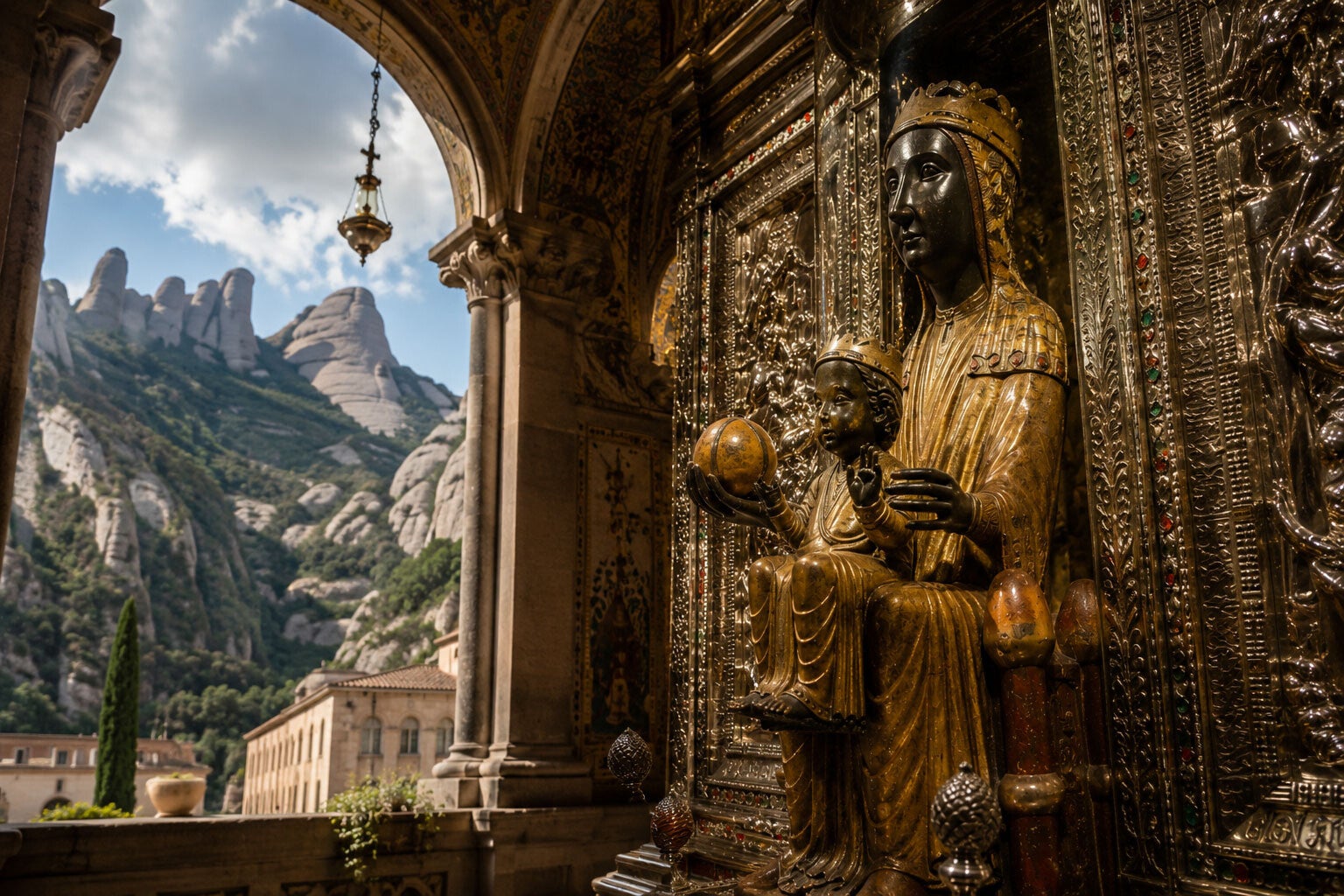 La Moreneta, la célèbre Vierge noire de Montserrat, dans la basilique du monastère en Catalogne.