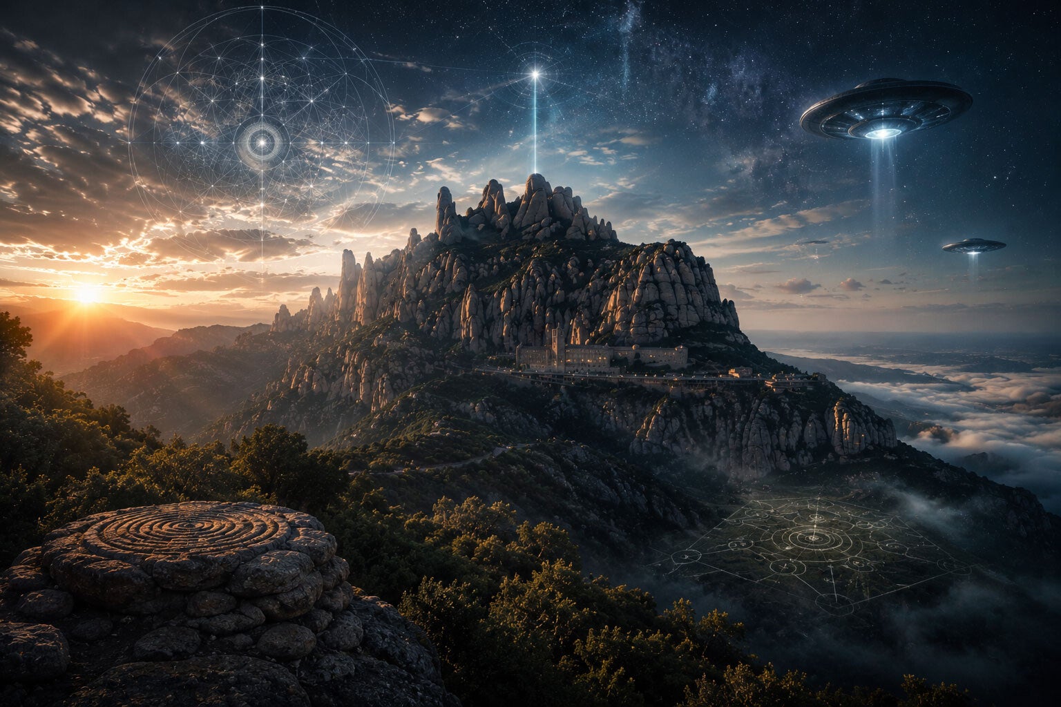 Le massif de Montserrat de nuit, associé aux légendes, aux phénomènes inexpliqués et aux mystères d'Espagne.