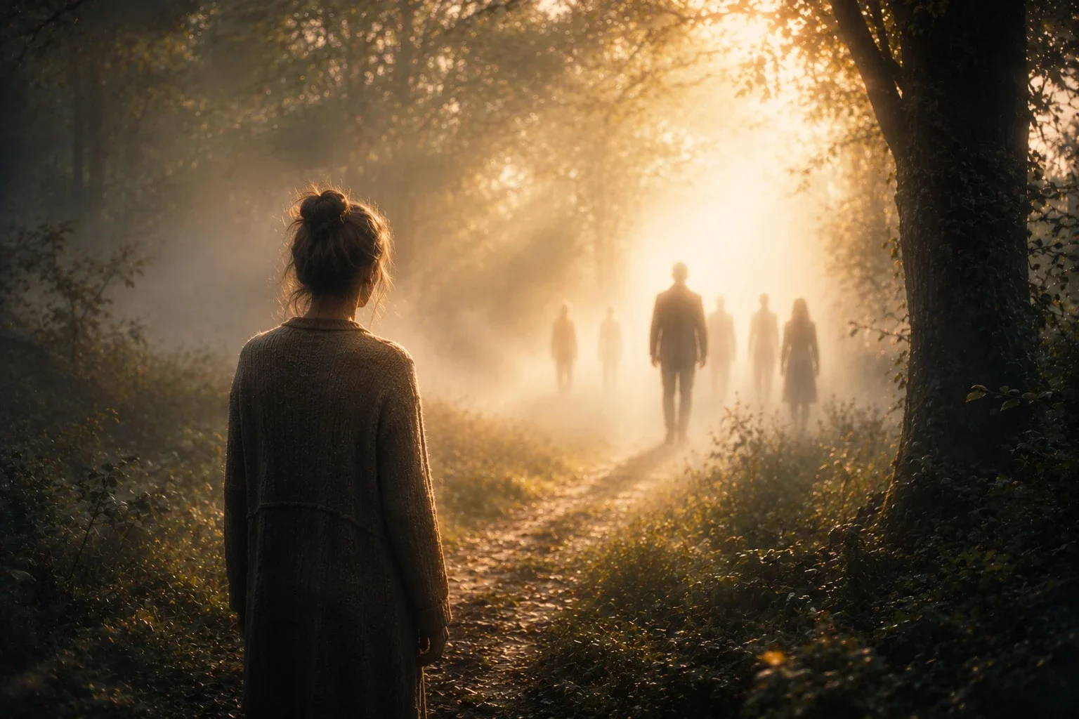 Femme observant des silhouettes dans une forêt baignée de lumière, illustration symbolique du passeur d'âme et de l'accompagnement spirituel.