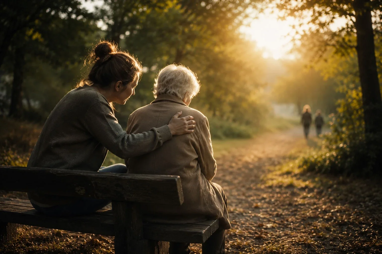 Jeune femme réconfortant une personne âgée sur un banc, illustration de l'accompagnement humain et de la sensibilité associée au passeur d'âme.