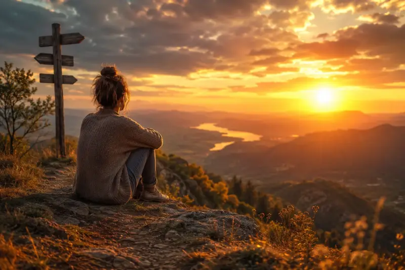 Personne contemplant un coucher de soleil depuis une montagne, symbole de quête du bonheur, de paix intérieure, de réflexion sur le sens de la vie et de développement personnel.