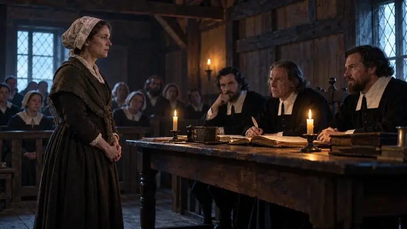Illustration d’une femme accusée de sorcellerie face aux juges dans un tribunal inspiré des procès de Salem en 1692.