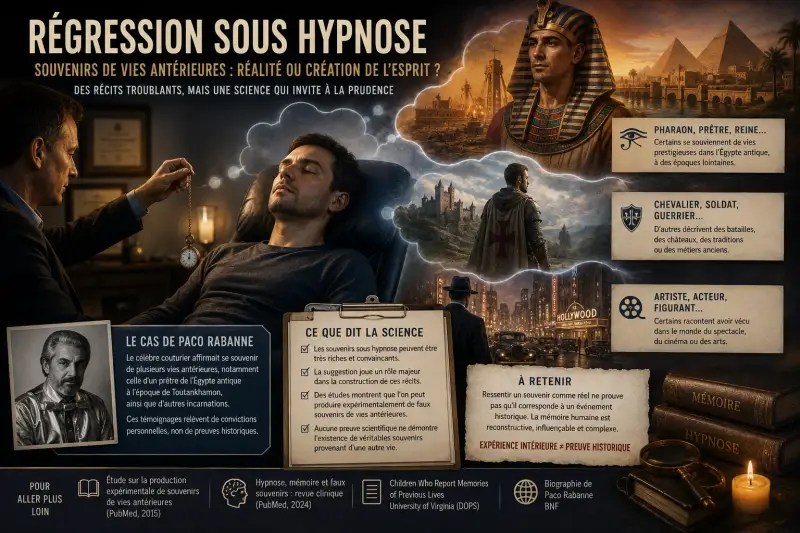 Illustration d'une régression sous hypnose évoquant des souvenirs supposés de vies antérieures