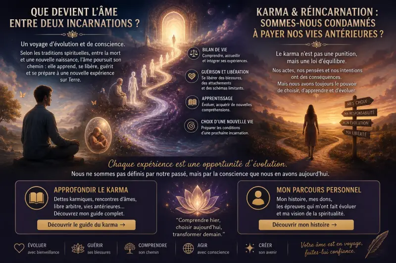 Illustration spirituelle du voyage de l'âme entre deux incarnations, du karma et de la réincarnation