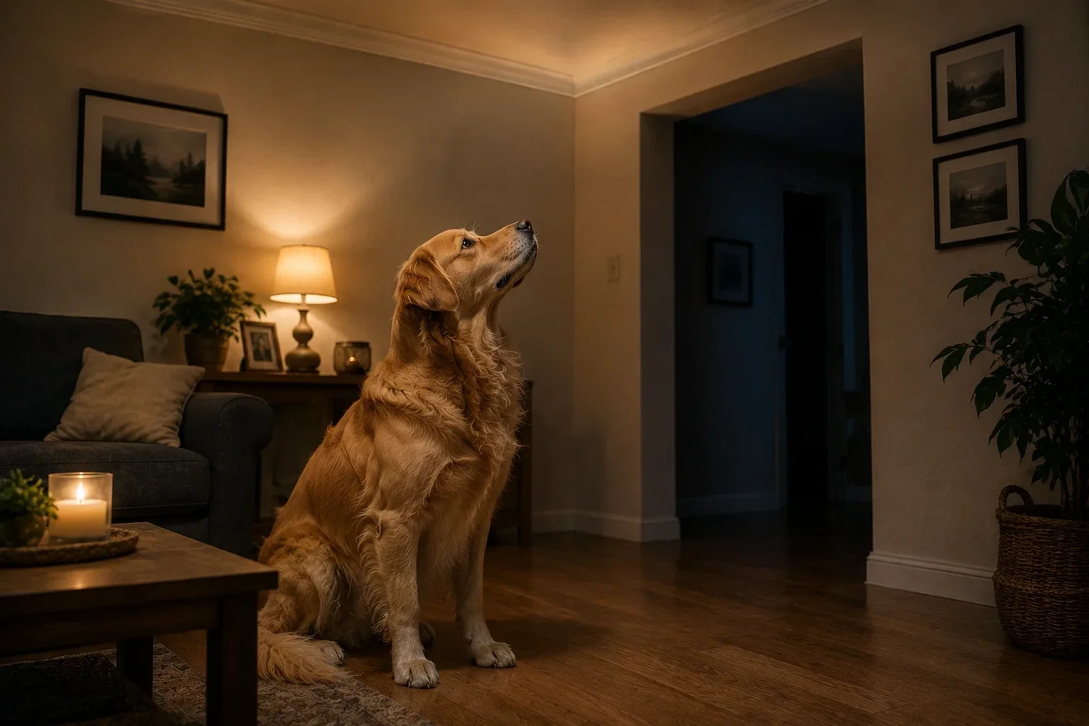Illustration d'un chien fixant un coin du plafond, un comportement parfois associé aux facultés médiumniques ou à une perception sensorielle exceptionnelle.