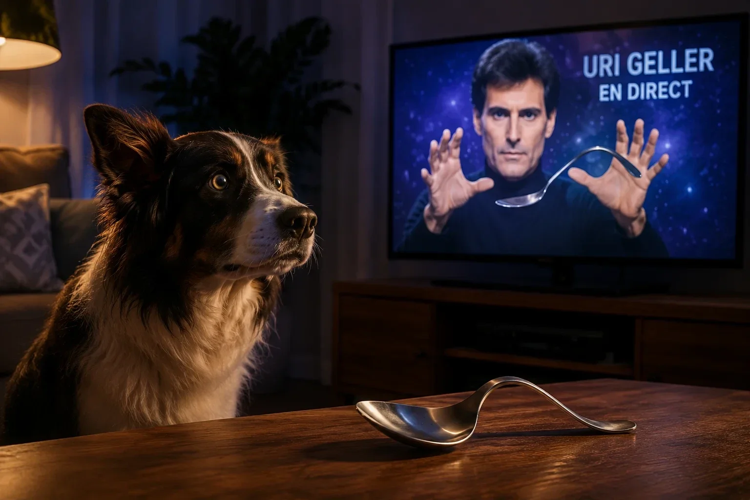 Illustration d'un chien adoptant un comportement inhabituel devant une émission de télévision consacrée aux expériences d'Uri Geller.