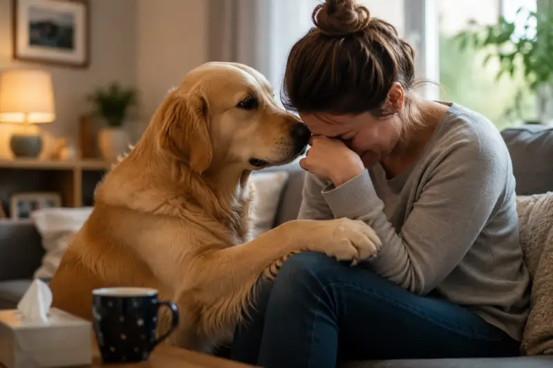 Chien réconfortant une femme en pleurs, illustrant la capacité des chiens à ressentir les émotions humaines et à apporter du réconfort.