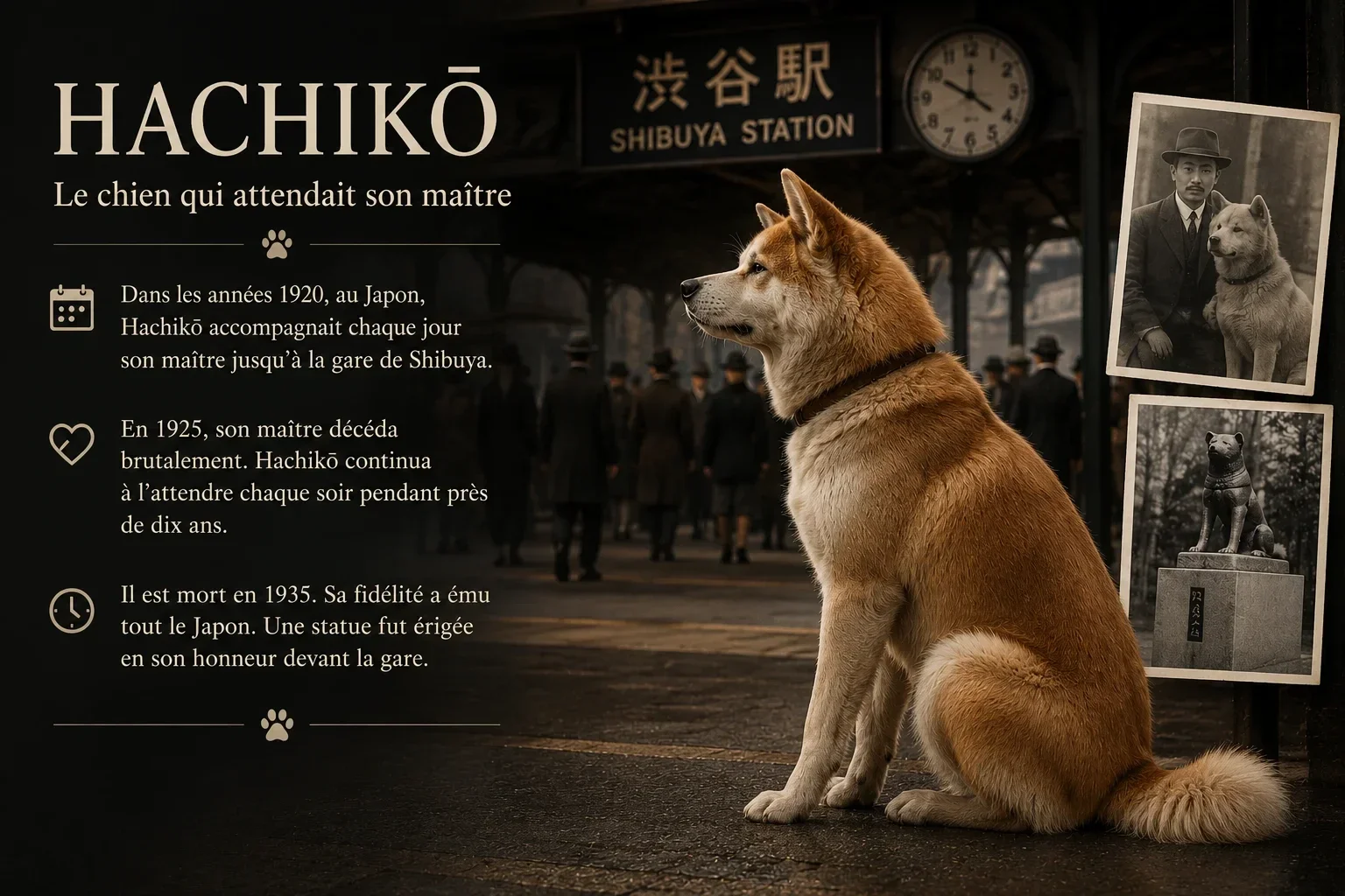 Illustration de Hachikō, le célèbre chien japonais attendant fidèlement son maître devant la gare de Shibuya après son décès.