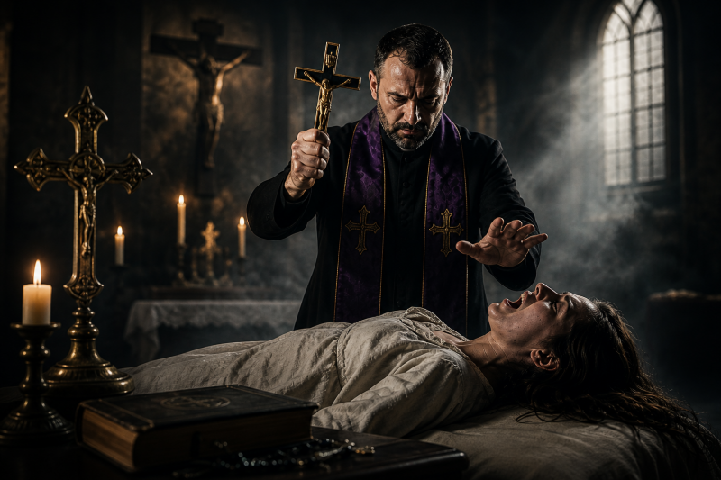 prêtre exorciste réalisant un exorcisme dans une église en France