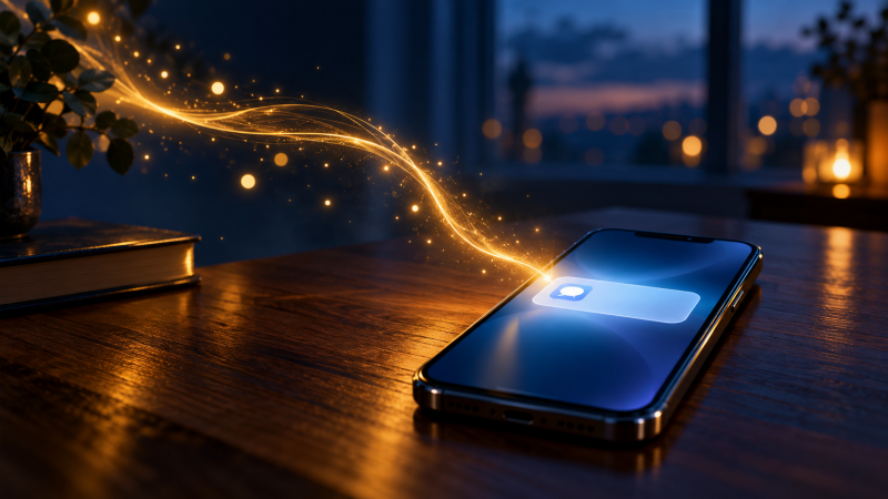Téléphone affichant une notification de message, éclairé par un fil de lumière dorée sur fond bleu nuit.