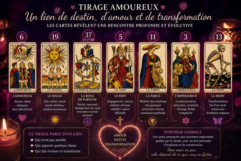 Tirage tarot amour et vie cartes du destin connexion sentimentale transformation et évolution