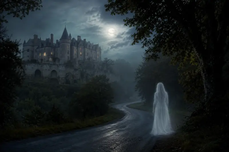 Illustration d’une Dame Blanche sur une route de nuit devant un château ancien, inspirée de la légende du château de Veauce et des phénomènes paranormaux en France.