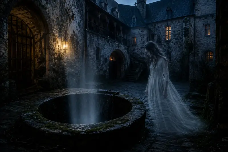 Illustration de la Belle Lucie près du puits et des oubliettes du château de Veauce, inspirée de la célèbre légende de la Dame Blanche en France.