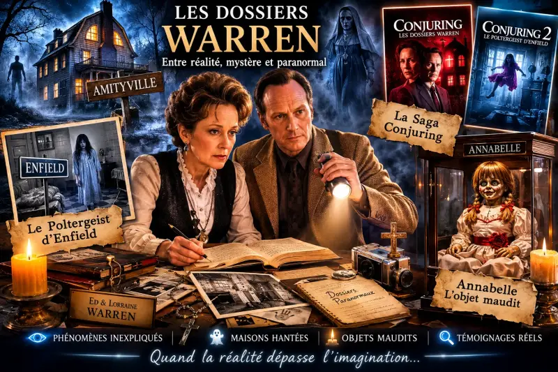 Illustration des principales affaires paranormales étudiées par Ed et Lorraine Warren, avec le poltergeist d'Enfield, la poupée Annabelle, la saga Conjuring et une maison hantée inspirée de l'affaire d'Amityville.