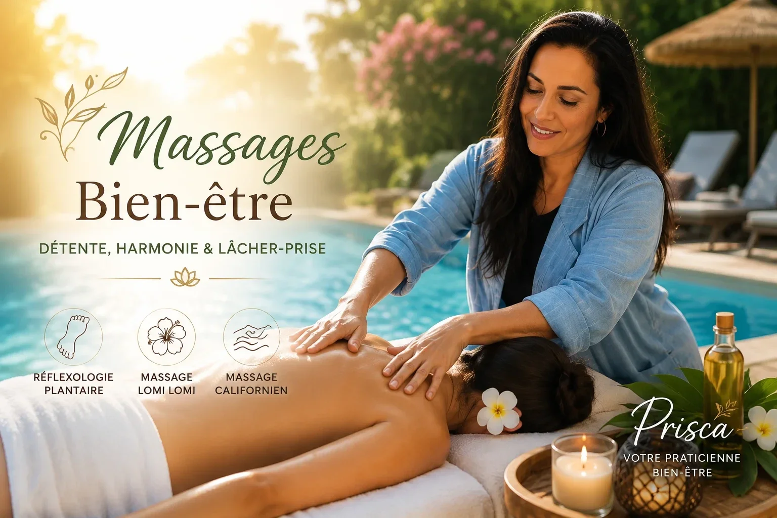 Massage bien-être au bord de la piscine lors du Week-end Développement Personnel & Intuition dans le Gers.