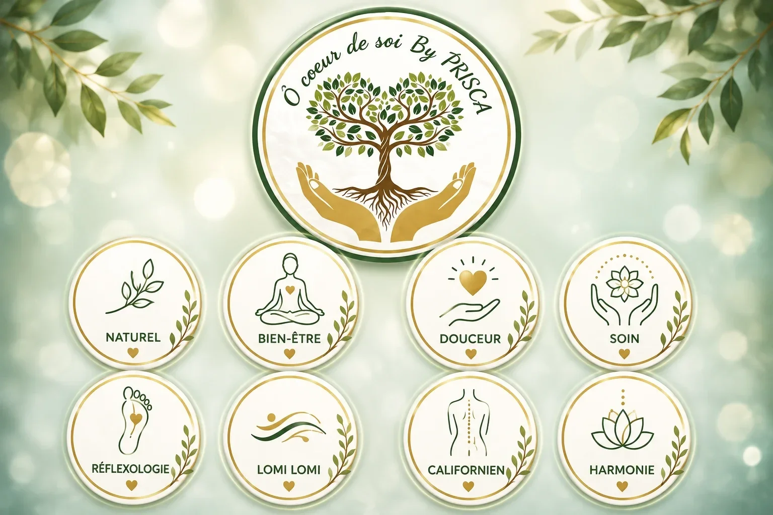 Logo Ô Cœur de Soi by Prisca représentant un arbre de vie, symbole de bien-être, avec les soins de réflexologie plantaire, massage Lomi Lomi et massage californien.