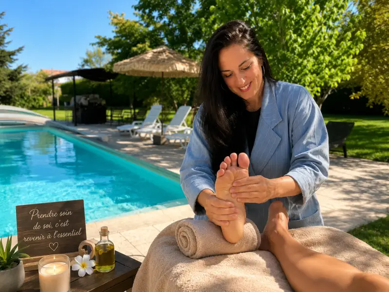 Massage plantaire relaxant réalisé par Prisca au bord de la piscine pendant le week-end Bien-être & Développement Personnel dans le Gers.