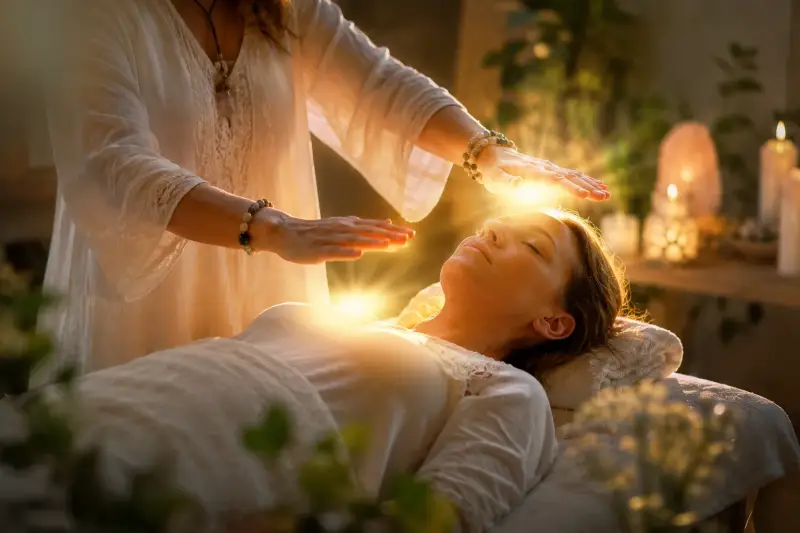 Soin énergétique spirituel avec lumière apaisante, bien-être intérieur, harmonisation des énergies et relaxation profonde.