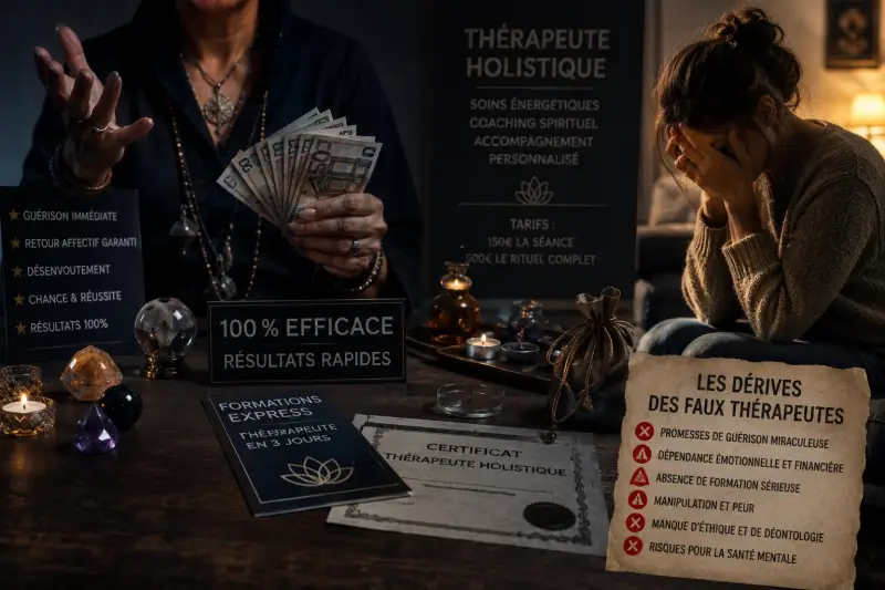 Illustration des dérives des faux thérapeutes holistiques avec manipulation émotionnelle, promesses irréalistes et vulnérabilité psychologique.