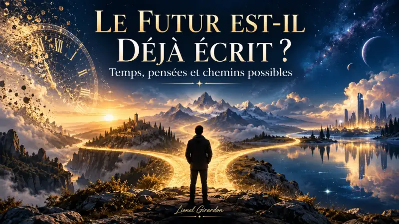 Illustration d’un homme face à trois chemins lumineux, avec une horloge qui se dissout, symbolisant le temps et les futurs possibles.