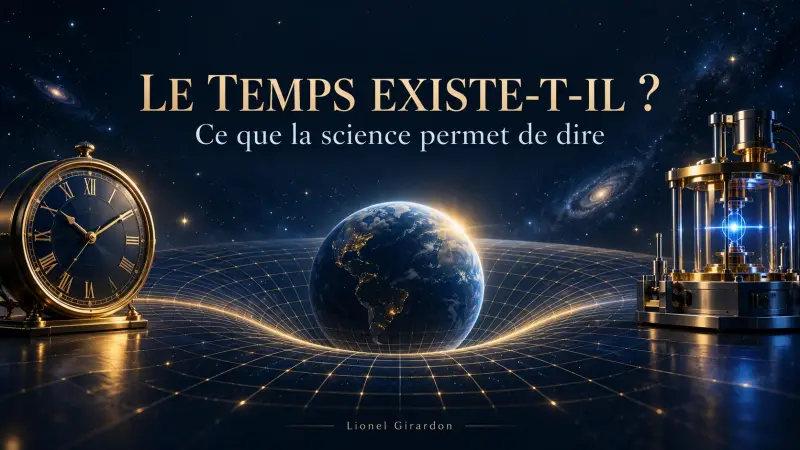 Illustration de la Terre sur une grille d’espace-temps courbée, entre une horloge et un instrument scientifique, évoquant la mesure du temps.