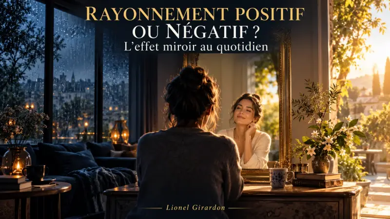 Femme devant un miroir, entre une ambiance sombre et une lumière dorée, illustrant l’effet miroir des émotions au quotidien.