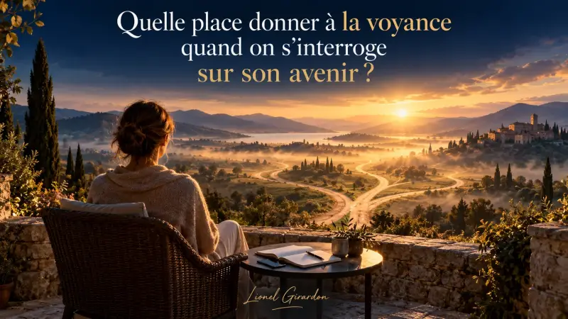 Femme contemplant plusieurs chemins dans un paysage doré, symbolisant les choix possibles face à l’avenir.