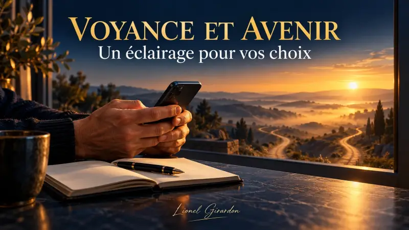 Mains tenant un téléphone près d’un carnet, face à deux chemins éclairés par un soleil doré, évoquant les choix d’avenir.