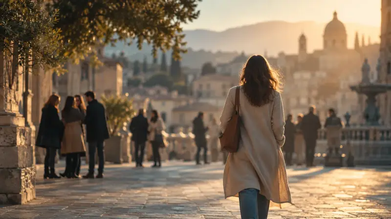 « Une femme avance dans une rue ensoleillée tandis qu’un groupe de personnes discute derrière elle, illustrant les commérages et le jugement des autres. »