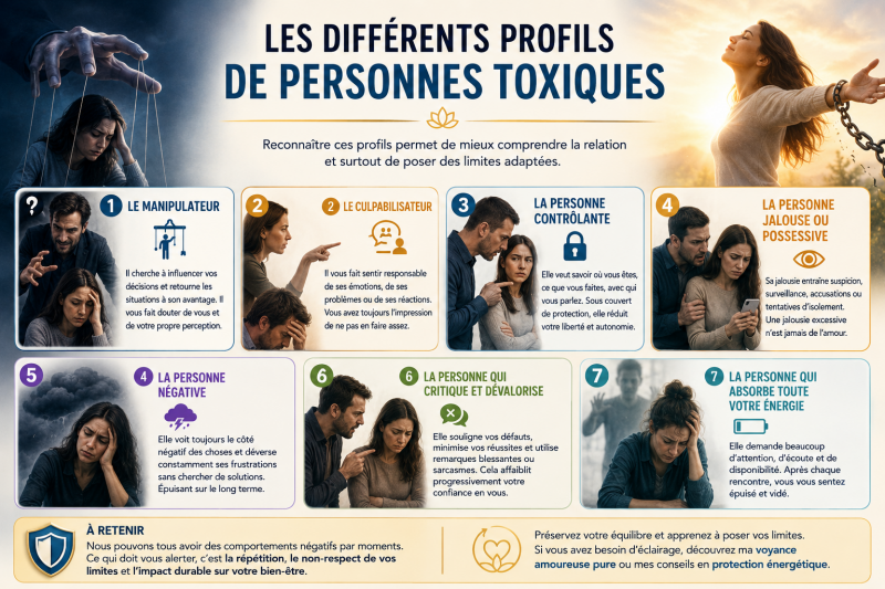 Les différents profils de personnes toxiques : manipulateur, culpabilisateur, jaloux, contrôlant et personne négative