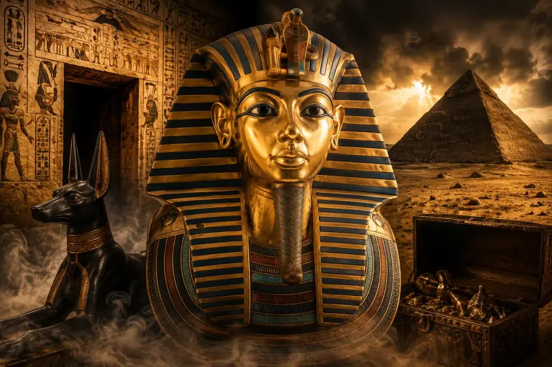 Masque funéraire de Toutânkhamon devant son tombeau dans l'Égypte ancienne, illustrant le mystère de la célèbre malédiction du pharaon.